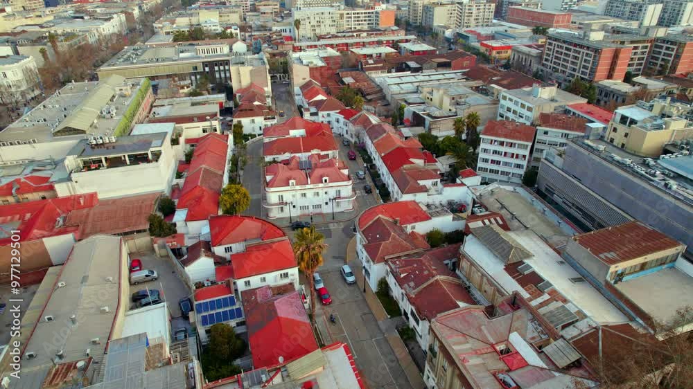 Drone circling the Conjunto Virginia Opazo architecture ensemble in Santiago, Chile