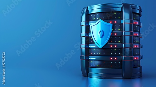 A modern data server with a shield icon, representing cybersecurity and data protection in a digital environment. photo