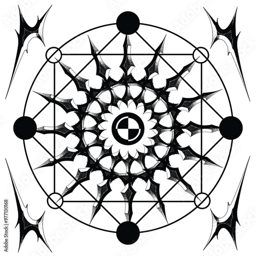 Monchrome Abstract Dark Transmutation Sigil Circle, Multiple of Embossed Cross Circles