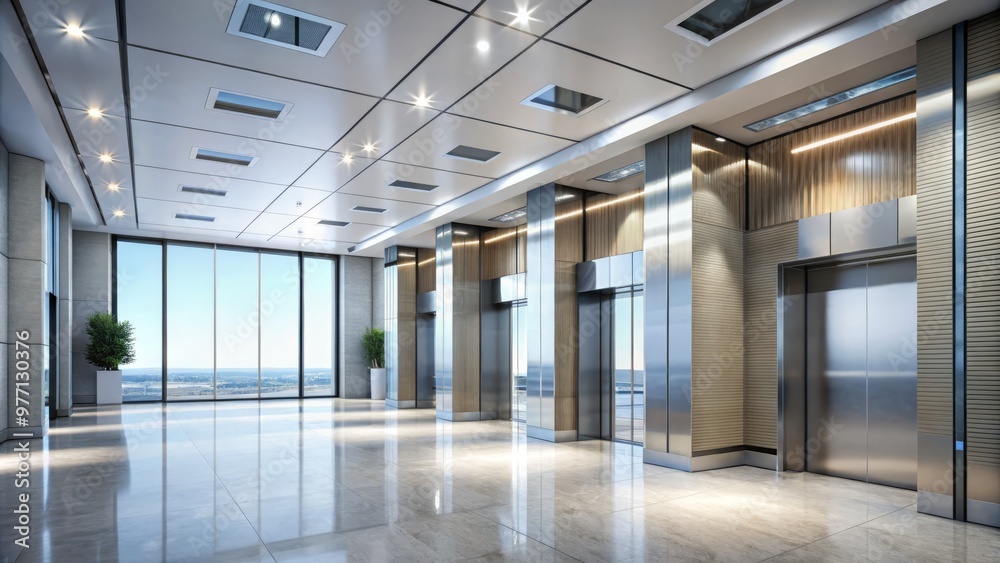 Elevator shafts, a gleaming expanse of steel and glass, offer a bird's-eye view of a modern office building's Elevator shafts, a gleaming expanse of steel and glass, offer a bird's-eye view of a modern office building's