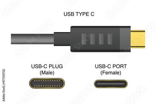 USB Type C Cable with Male Plug and Female Port Socket. Vector.