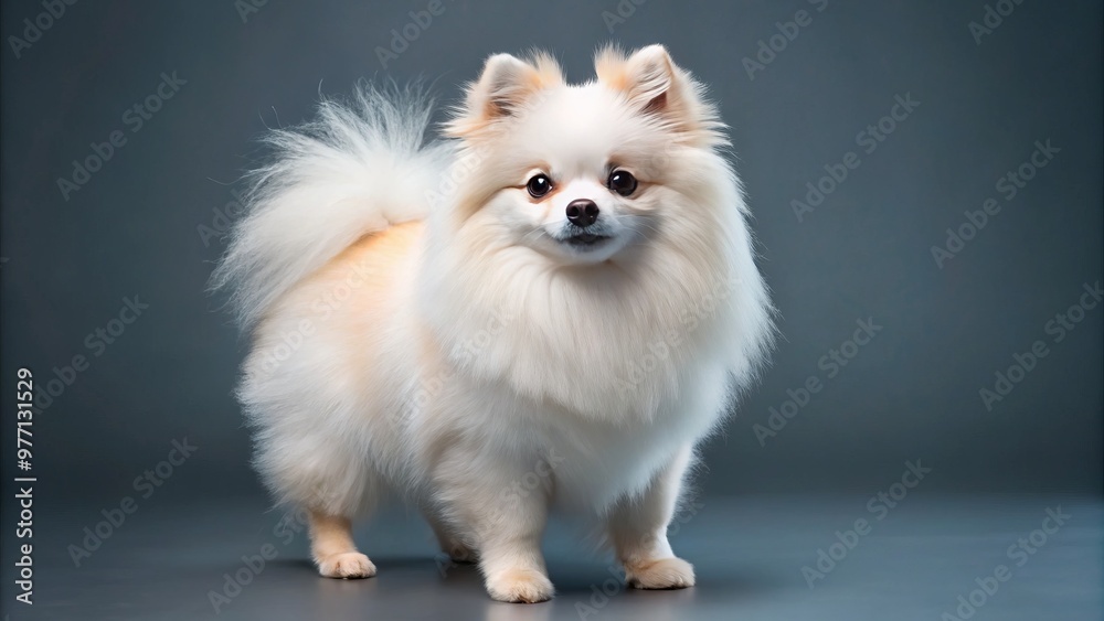 Fluffy white Pomeranian dog boasts a dapper face trim and a majestic poofy tail, commanding attention and affection. Fluffy white Pomeranian dog boasts a dapper face trim and a majestic poofy tail, commanding attention and affection.