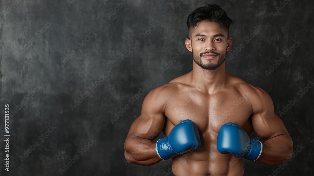 Muay Thai boxer in blue gloves is displayed under bright spotlights with dramatic shadows, with a modern black and red theme. This striking image is perfect for promoting a boxing event. Muay Thai boxer in blue gloves is displayed under bright spotlights with dramatic shadows, with a modern black and red theme. This striking image is perfect for promoting a boxing event.