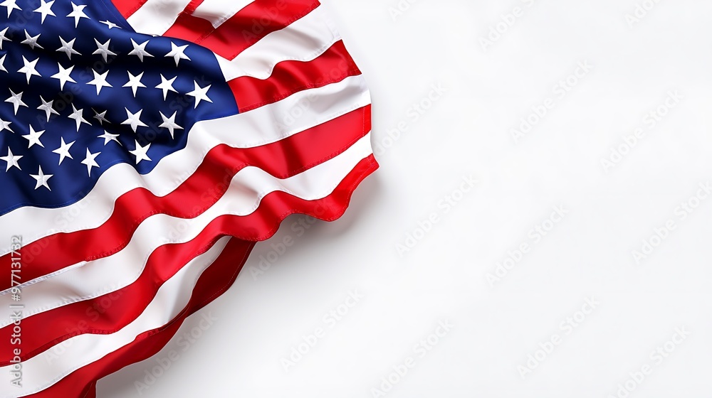 Obraz premium The American flag waves proudly with stars and stripes, symbolizing patriotism against a white background.