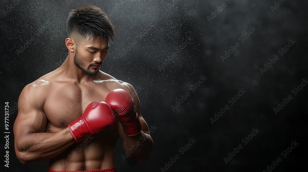 Muay Thai boxer in red gloves is displayed under bright spotlights with dramatic shadows, with a modern black and red theme. This striking image is perfect for promoting a boxing event. Muay Thai boxer in red gloves is displayed under bright spotlights with dramatic shadows, with a modern black and red theme. This striking image is perfect for promoting a boxing event.