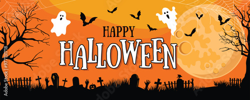 Happy Halloween Halloween ghost, full moon. Abandoned house. Bats. Cemetery with graves Zombie hands