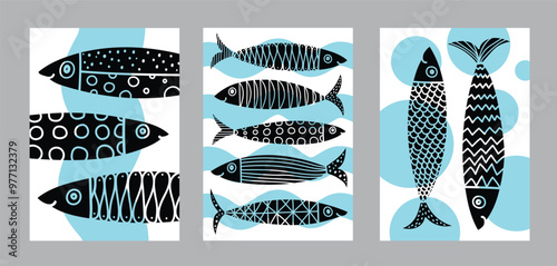 Sardines.  Cute set. Vector illustration. Interior poster