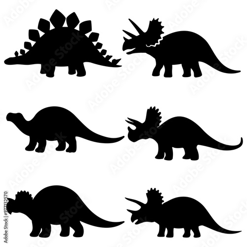 Set of vector silhouettes of Triceratops dinosaurs.