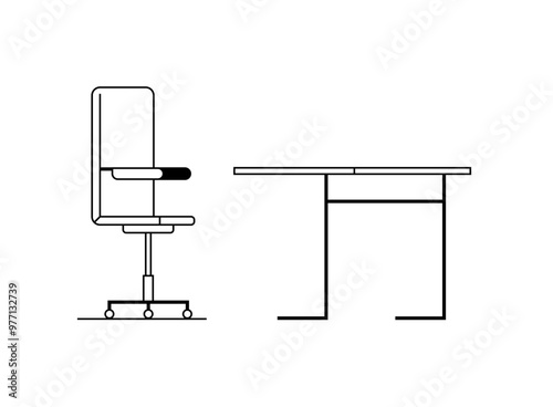 Ergonomic office chair with adjustable armrest positioned next to a minimalist desk. Ideal for workplace decor, office furniture catalog, ergonomic studies, remote work setup, and modern design