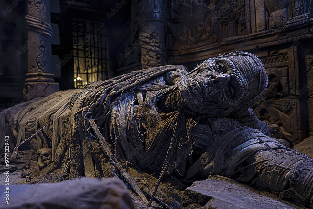 Fototapeta premium Scary sinister mummy wandering in street with dramatic lighting on celebration holiday Halloween