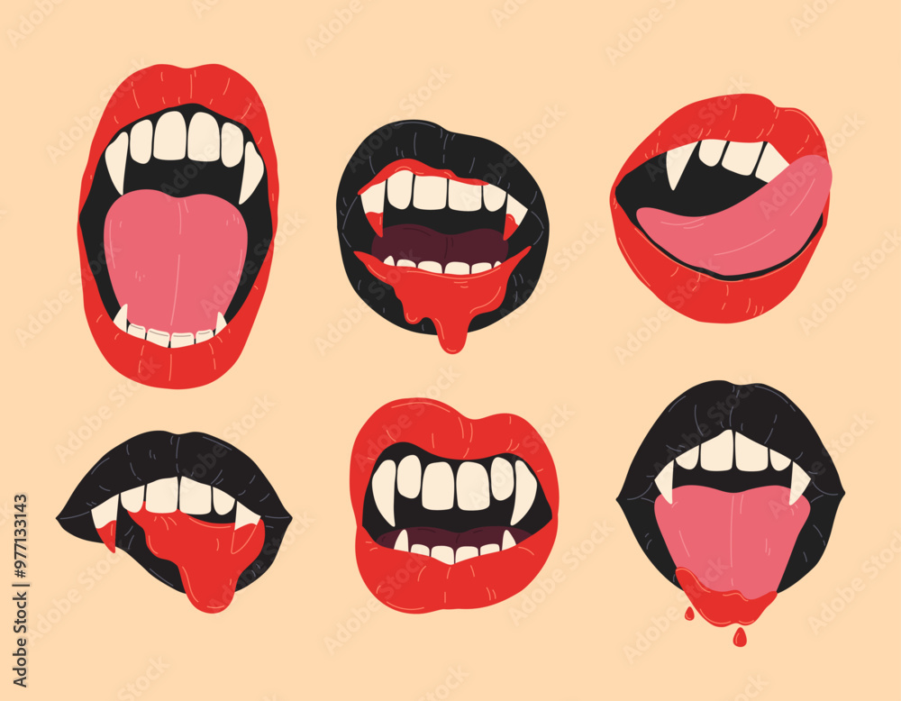 Halloween set vampire open mouth with fangs and tongue. Female red and black lips with long pointed canine teeth and blood. Vector flat Illustration. Mystery design collection. Halloween set vampire open mouth with fangs and tongue. Female red and black lips with long pointed canine teeth and blood. Vector flat Illustration. Mystery design collection.