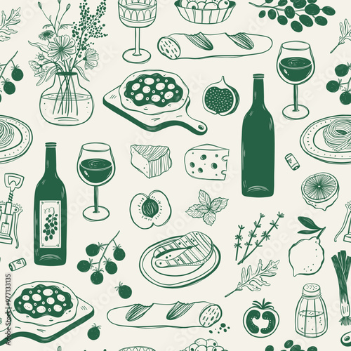 Mediterranean Cuisine Seamless Pattern. Hand Drawn Food Background for Menu design.