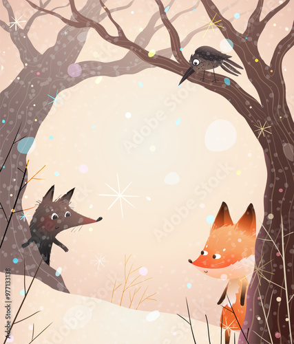 Fox and wolf in winter magic forest with trees branches and snow. Seasonal nature scenery with snowfall and snowflakes, Christmas design. Vector fairy tale cartoon illustration for children.