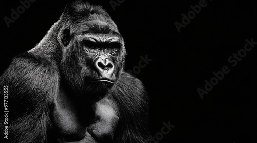 An elegant black and white shot of a majestic gorilla in a dark setting 