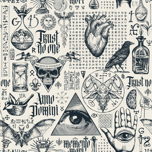 Vintage hand-drawn seamless pattern on occultism, masonic and witchcraft. Abstract background. Latin phrases translated Think about death, From Nativity of Christ