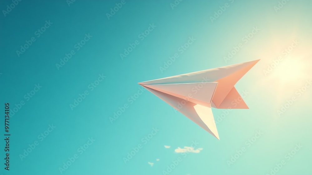 White paper airplane flying in a blue sky. White paper airplane flying in a blue sky.