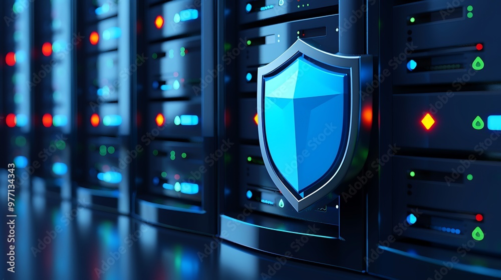 A modern server room showcasing secure data storage with blue shield icon representing cybersecurity and data protection. A modern server room showcasing secure data storage with blue shield icon representing cybersecurity and data protection.