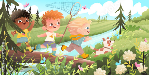 Kids playing in forest nature running and crossing river on a wooden log. Happy children in wild nature landscape catching butterflies, summer fun. Vector cartoon woodland scenery wallpaper for kids.