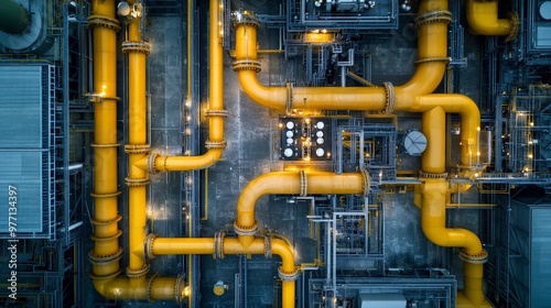 An overhead view of a gas plant with yellow pipes and valves crisscrossing the facility. 