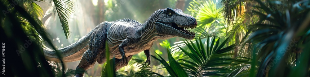 Naklejka premium A dinosaur is walking through a jungle. The dinosaur is large and has a menacing look on its face. The jungle is lush and green, with many trees and plants. The scene is dark and moody