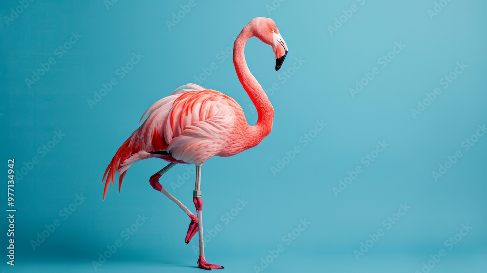 Fototapeta premium Flamingo stands in full view against a soft blue studio background with soft lighting, highlighting its bright feathers and graceful pose. AI generative