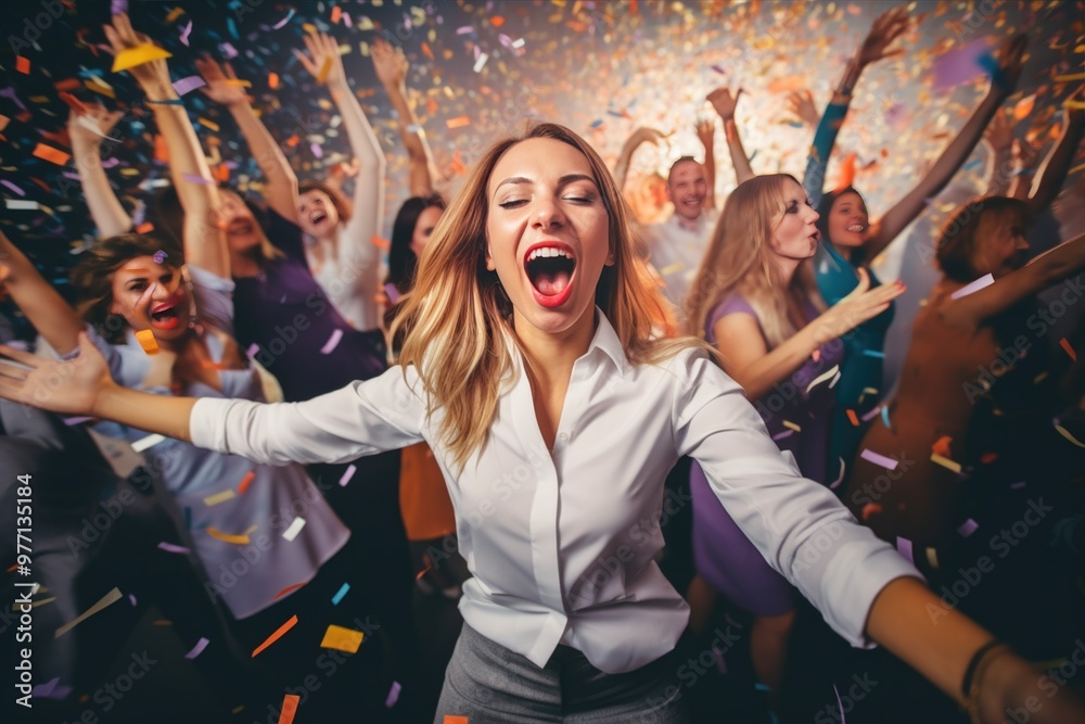 Obraz premium a woman is dancing at a party with her arms in the air