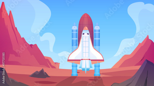Vector illustration of a rocket standing on the rocky surface of the red planet