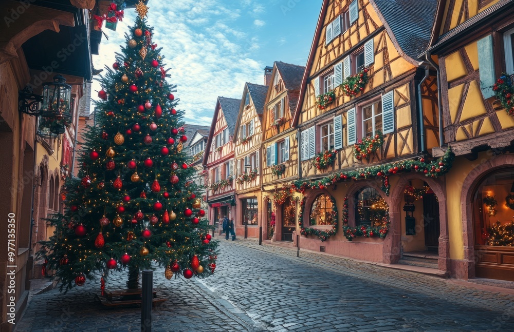 Fototapeta premium Beautiful Christmas tree in front of a half-timbered house, decorated with ornaments and lights