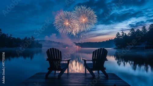 Canada Day celebration fireworks light up the sky over Muskoka Lake, Ontario, as two Adirondack chairs on the dock offer a front-row seat to the spectacular show