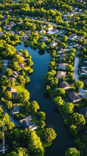 aerial view of suburban neighborhood houses with lake surrounded by houses and green trees