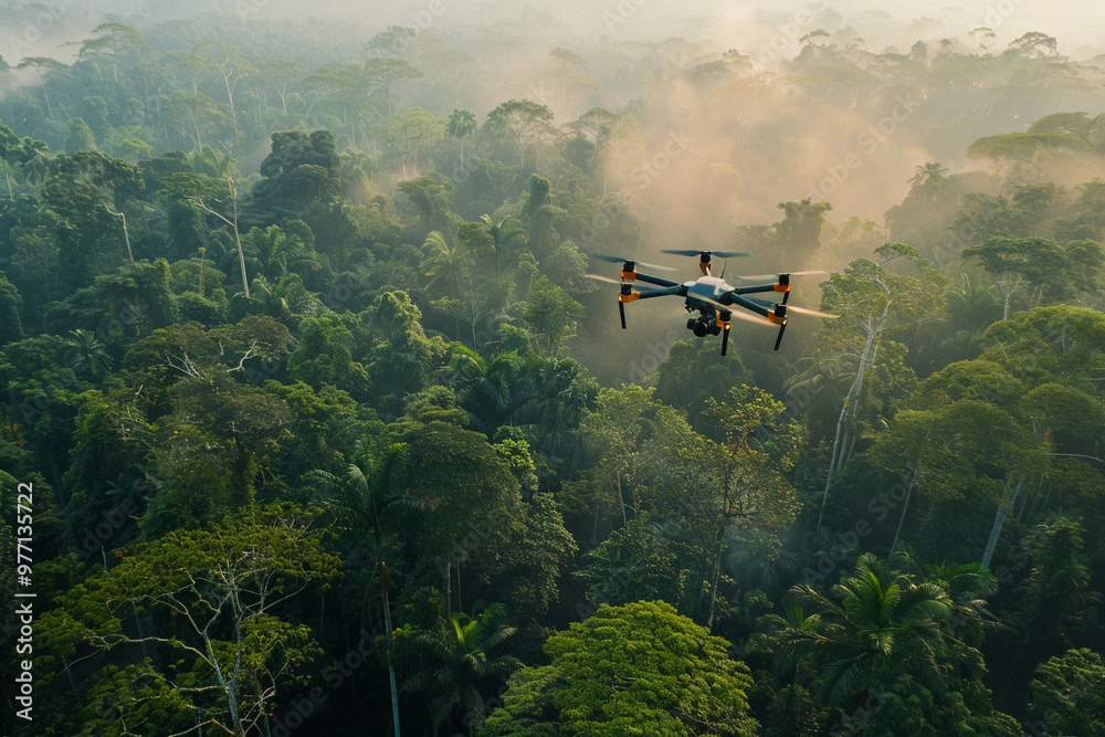 Fototapeta premium Drone flying in the sky over nature during observation