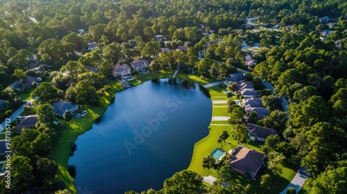 aerial view of suburban neighborhood houses with lake surrounded by houses and green trees