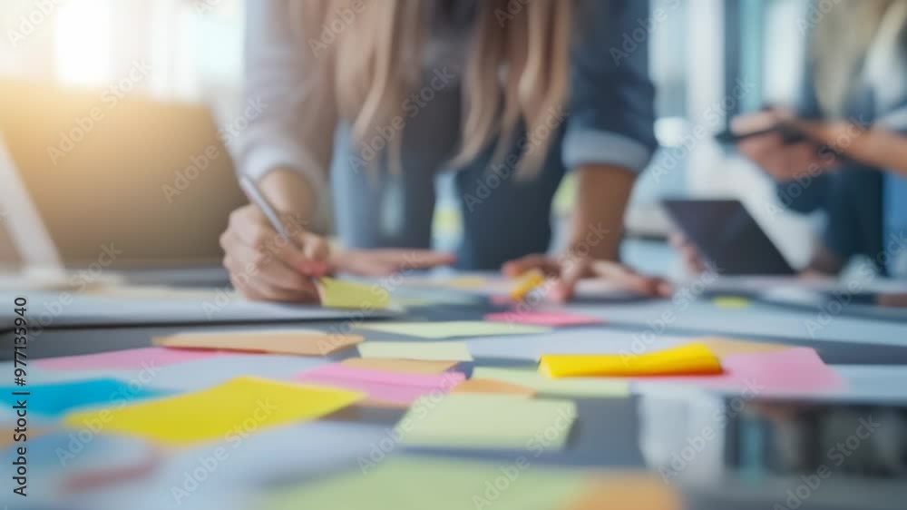 Team members engaged in a planning session using colorful sticky notes on a glass wall in a modern office.