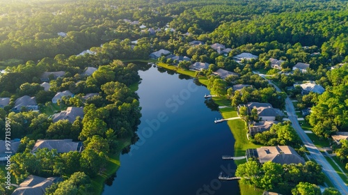 aerial view of suburban neighborhood houses with lake surrounded by houses and green trees