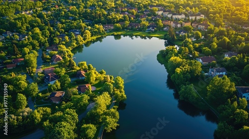 aerial view of suburban neighborhood houses with lake surrounded by houses and green trees