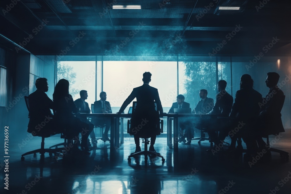 Silhouette of business leader in boardroom meeting Silhouette of business leader in boardroom meeting