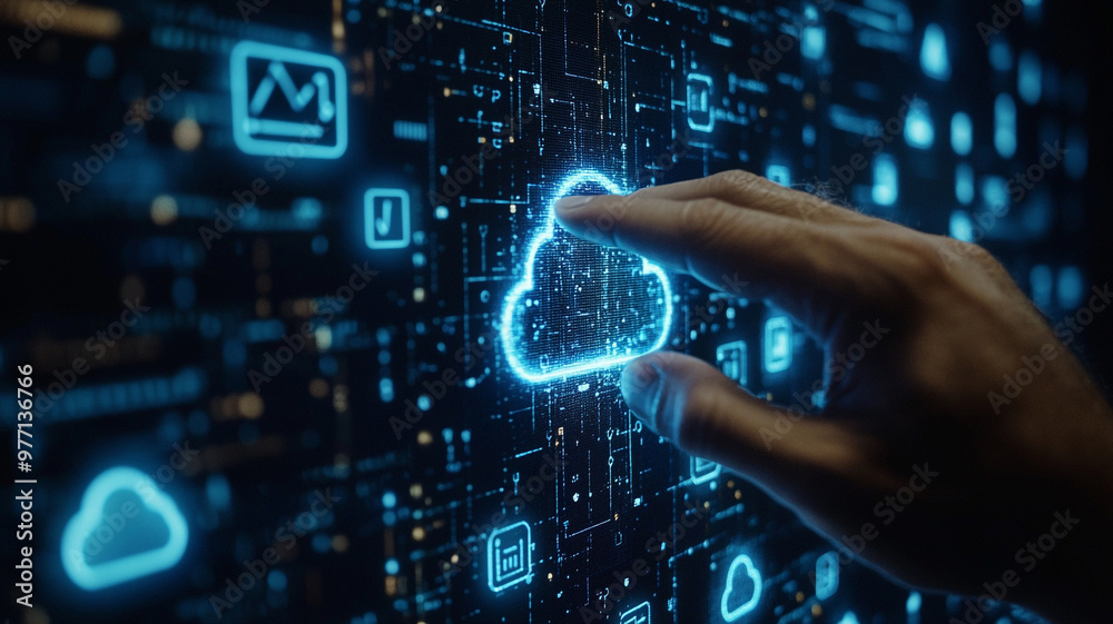 Person interacting with a digital cloud symbol on a futuristic interface at night Person interacting with a digital cloud symbol on a futuristic interface at night