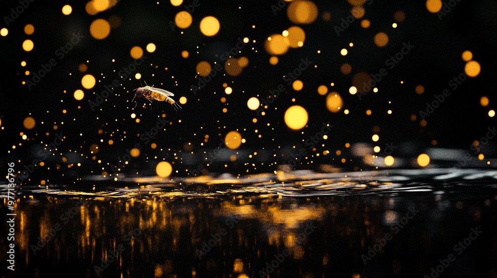A tiny insect hovers above a shimmering water surface surrounded by sparkling droplets