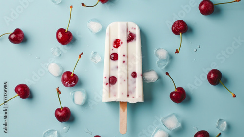 A closeup of ice cream and cherries on a blue background, highlighting the creamy dessert, juicy red cherries, and a refreshing color contrast in a simple, vibrant presentation. AI generative photo