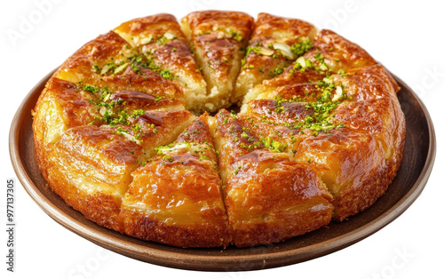 Round Turkish Kunefe with pistachio topping on transparent background photo