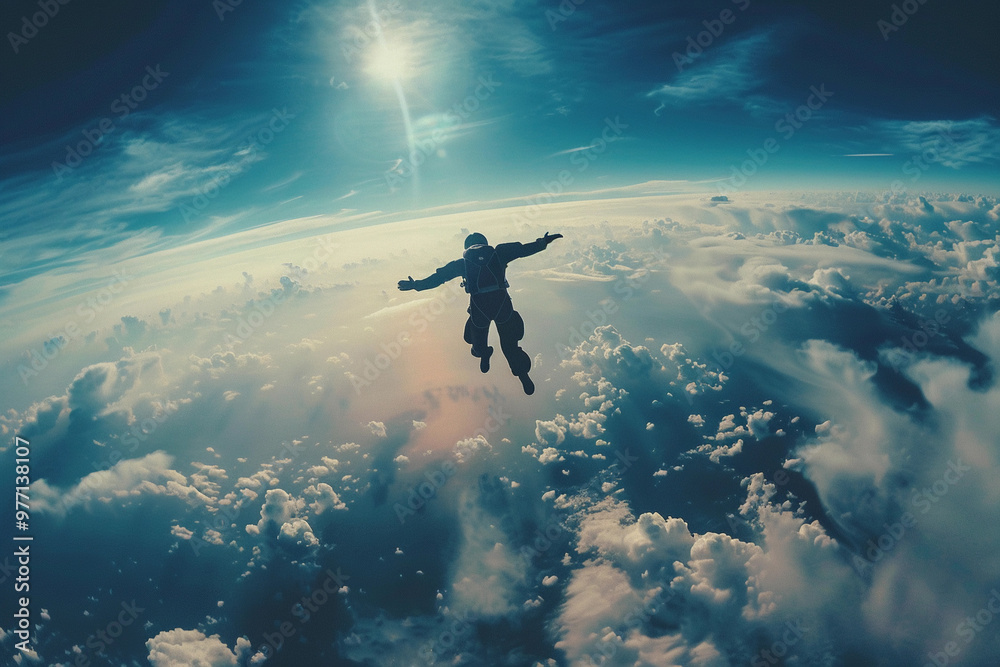 Parachutist with parachute makes heavenly adventure against backdrop of landscape Parachutist with parachute makes heavenly adventure against backdrop of landscape