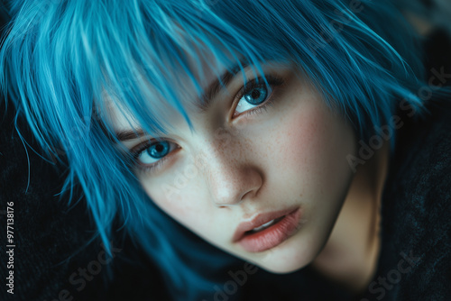 portrait of a young girl with blue hair and freckles