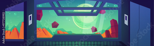 Space ship interior vector game sci-fi background, spacecraft shuttle window view from the corridor on alien planet