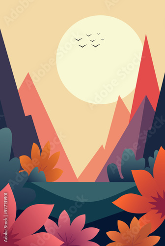 Vector Illustration of Moon shining over the hills, Vector banner, wallpaper, background design, Futuristic,  fantastic  Image, Vector Template 