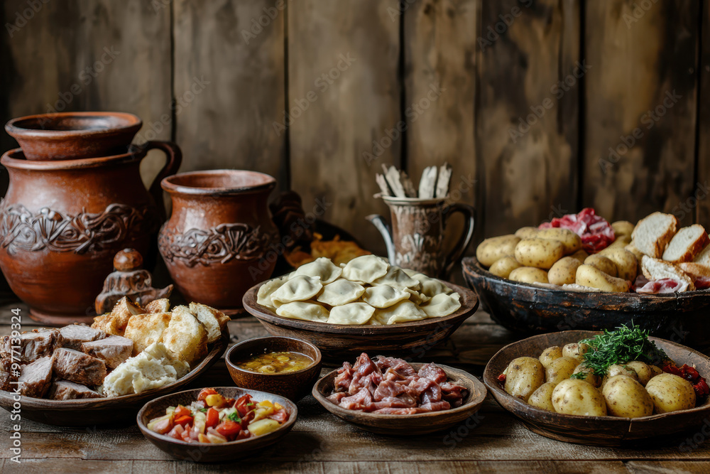 A rustic medieval-style table set with traditional Slavic dishes, including pierogi and meat. The background features an old wooden wall with texture.