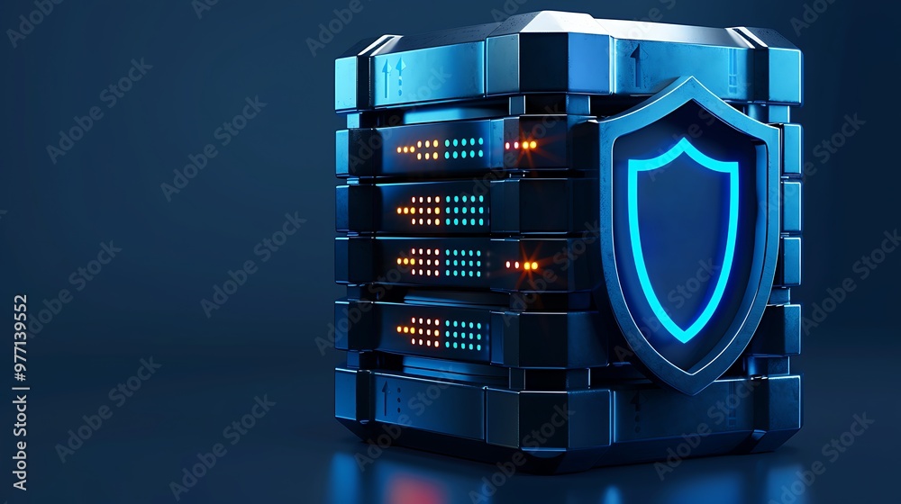 A secure server with a glowing shield, symbolizing data protection and cybersecurity in a modern digital environment. A secure server with a glowing shield, symbolizing data protection and cybersecurity in a modern digital environment.