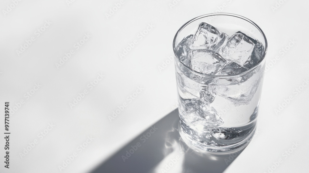 A clear glass filled with ice water, isolated on a white background, casting a faint shadow beneath. A clear glass filled with ice water, isolated on a white background, casting a faint shadow beneath.