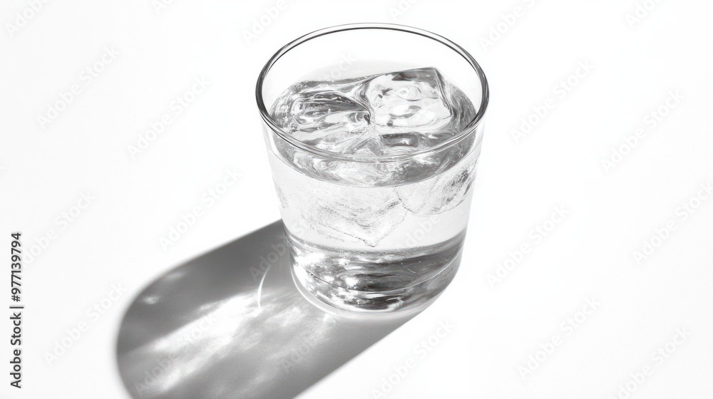 A clear glass filled with ice water, isolated on a white background, casting a faint shadow beneath. A clear glass filled with ice water, isolated on a white background, casting a faint shadow beneath.