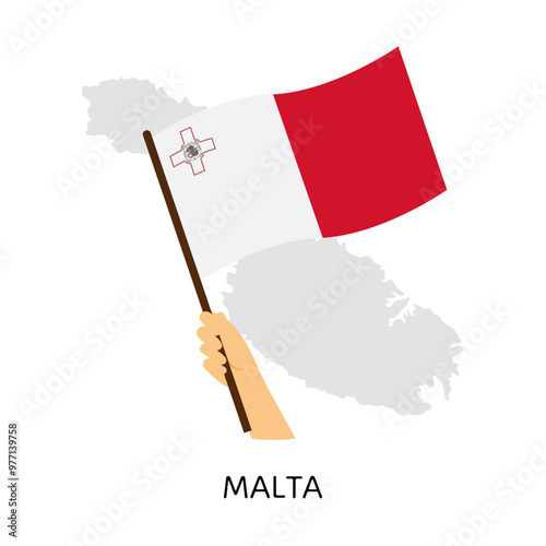 Hand is holding Malta national flag on map silhouette