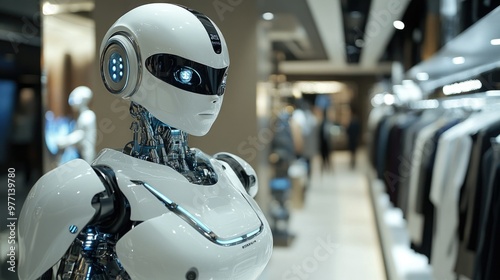 Wallpaper Mural Humanoid robot in a futuristic shop standing next to shelves of folded clothes. A white robot in focus, with modern lighting and shop windows in the background.Retail Promotions and Sales Concept Torontodigital.ca
